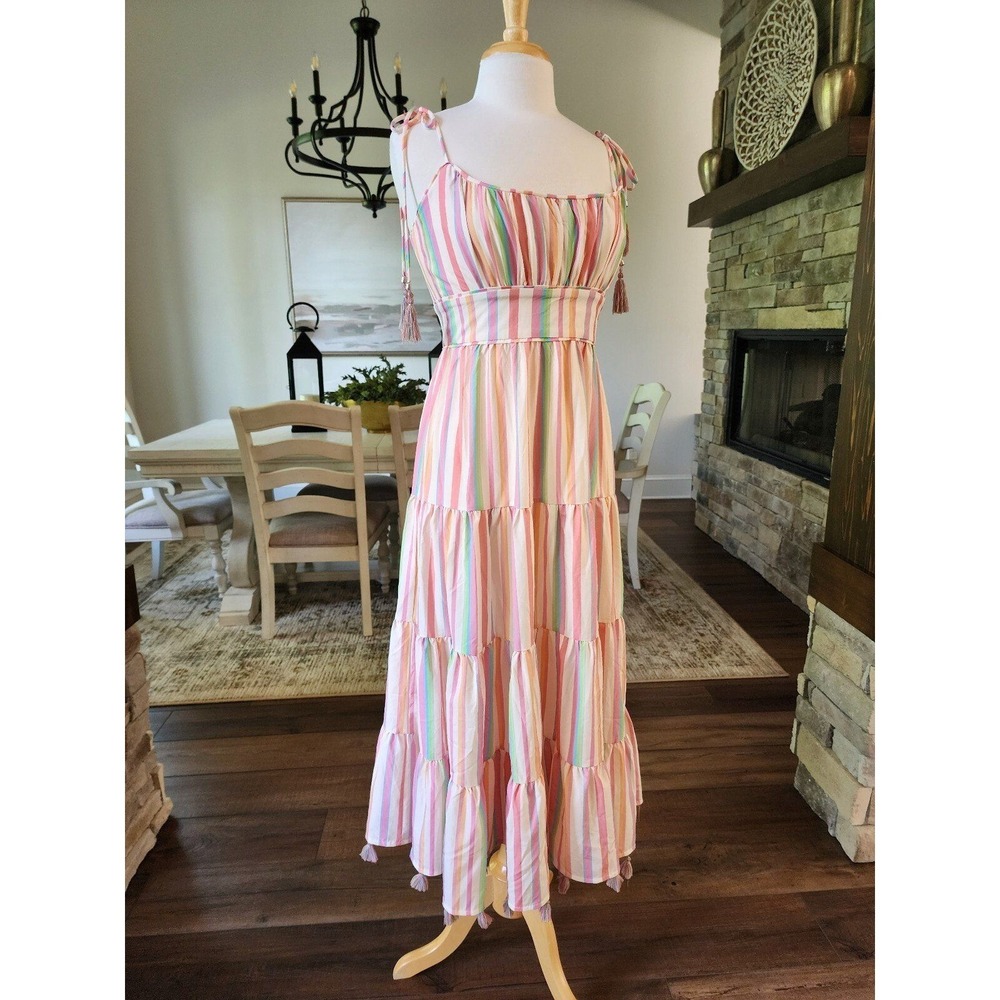 ChicWish Rainbow Pastel Striped Multicolor Maxi with Tassels Dress Boho Size M - Picture 6 of 10